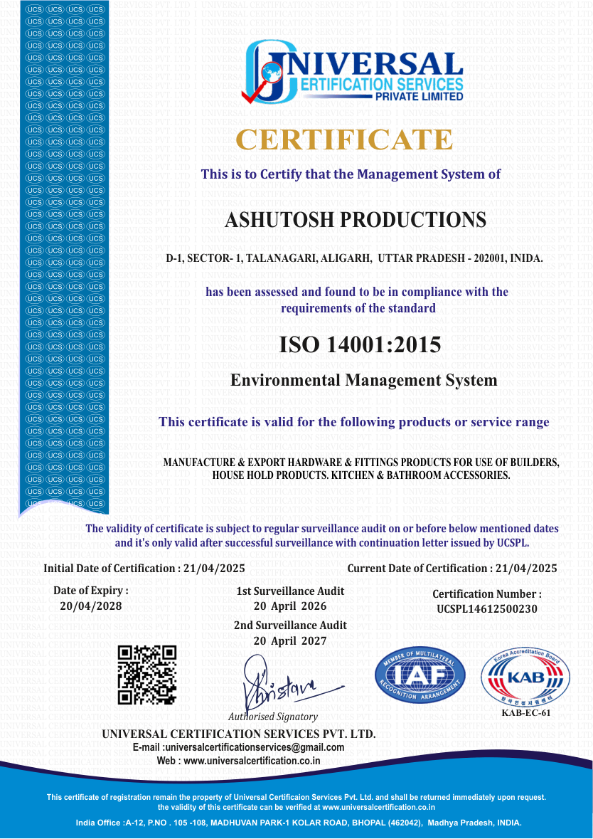 ISO 14001:2015 certificate for Ashutosh Productions