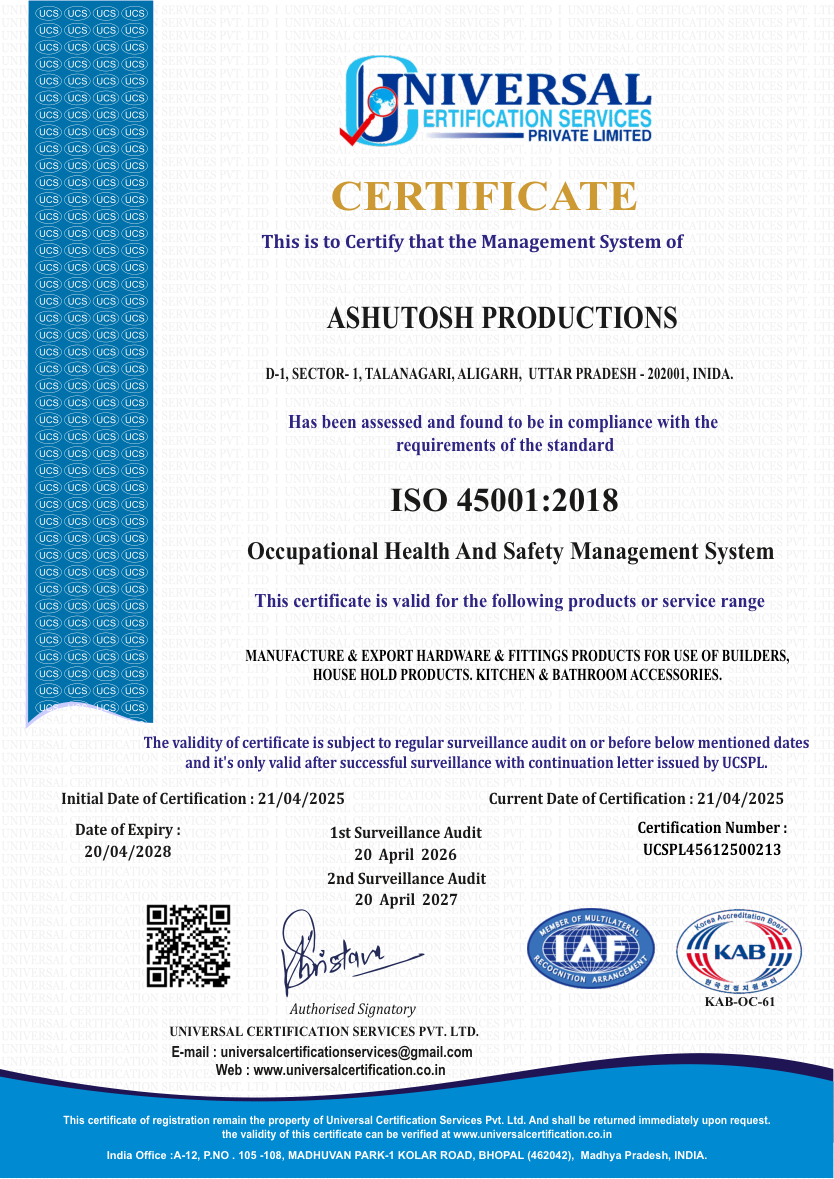 ISO 45001:2018 certificate for Ashutosh Productions