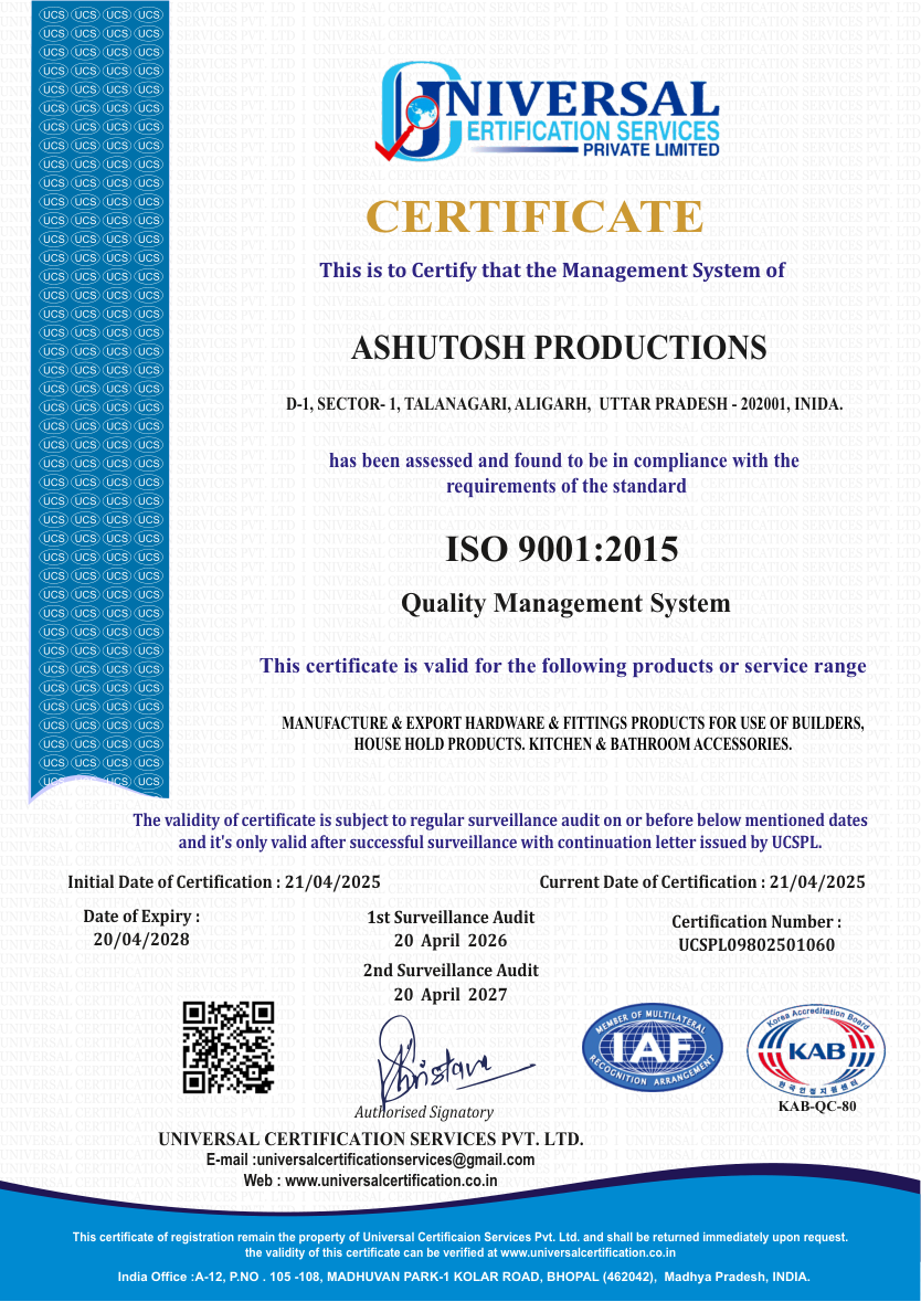 ISO 9001:2015 certificate for Ashutosh Productions