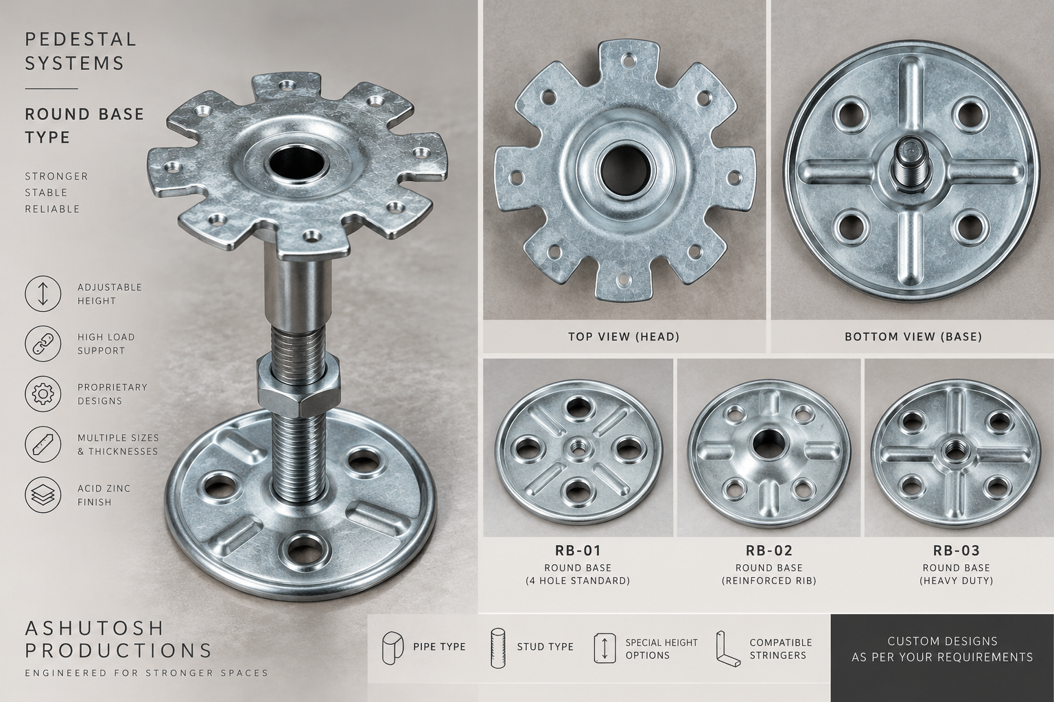 Raised access flooring pedestal head and base options